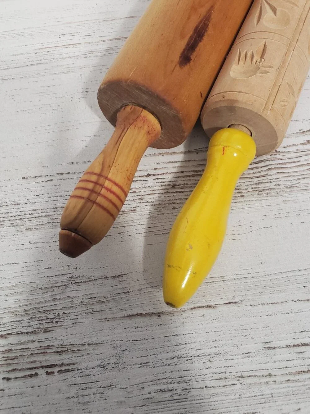 2 wooden rolling pins - 1 with cut out designs 16